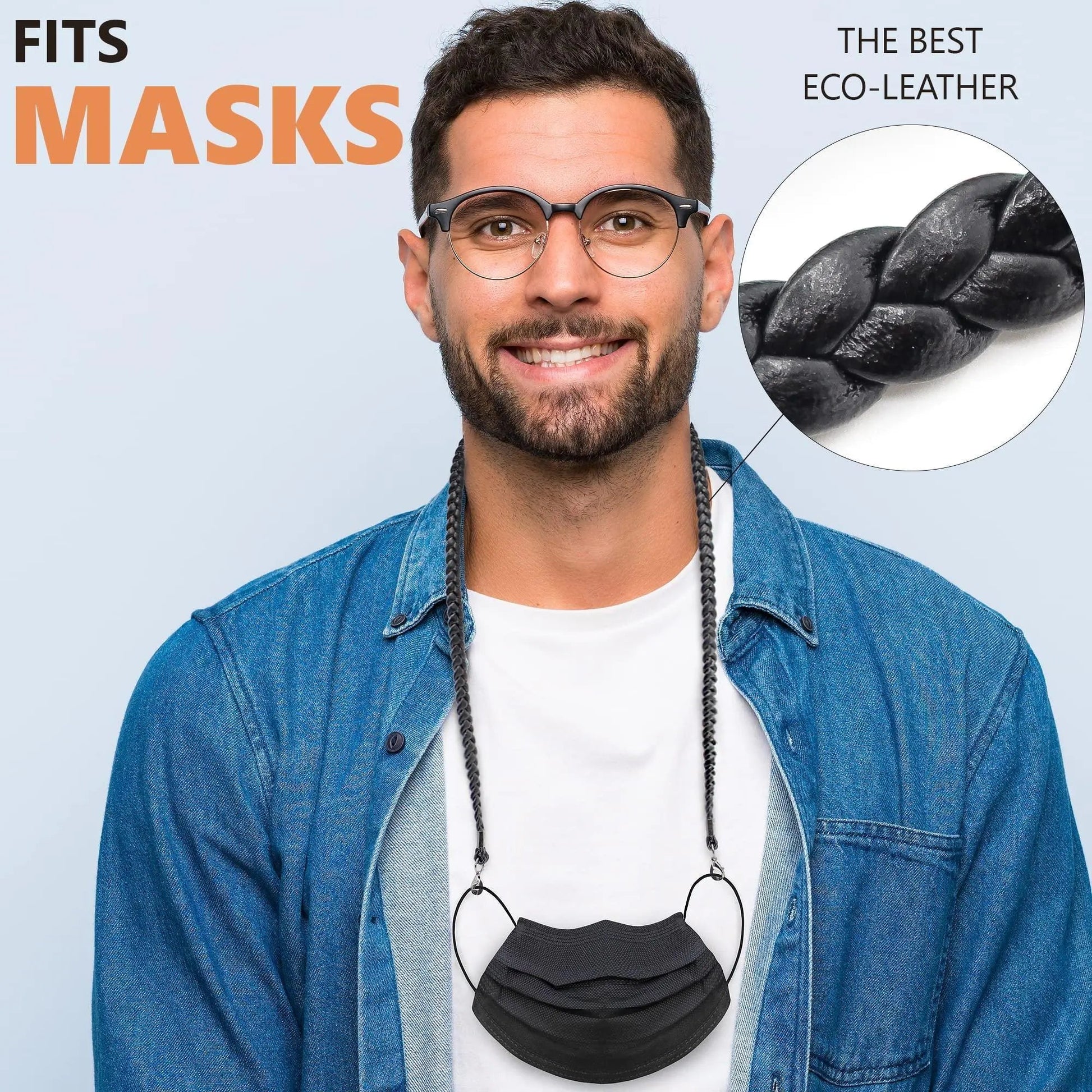 Eye Glass String Strap Holder Premium ECO Leather 2 Cords Black 30 inch Length Anti Spier