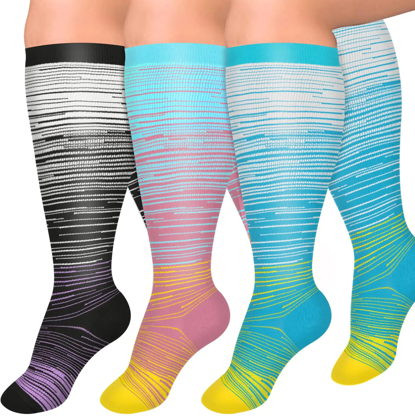 Diu Life 3 Pairs Plus Size Compression Socks for Women and Men Wide Calf Extra Knee High Support for Circulation 02 Gray/Pink/Blue 4X-Large Anti Spier
