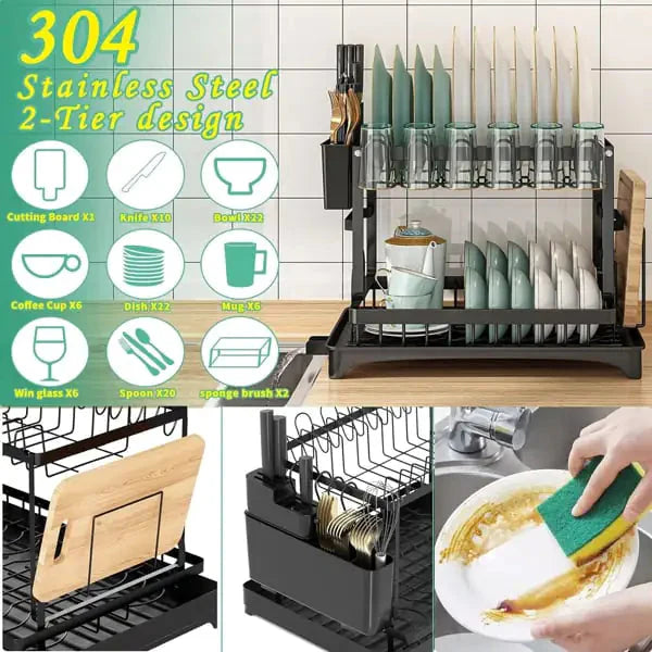 2-Tier Dish Rack with Drainboard & Utensil Holder Anti Spier