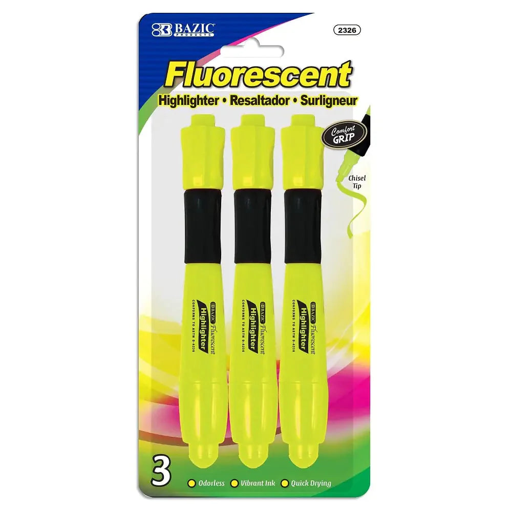 Yellow Fluorescent Highlighters with Cushion Grip (3/Pack) Anti Spier