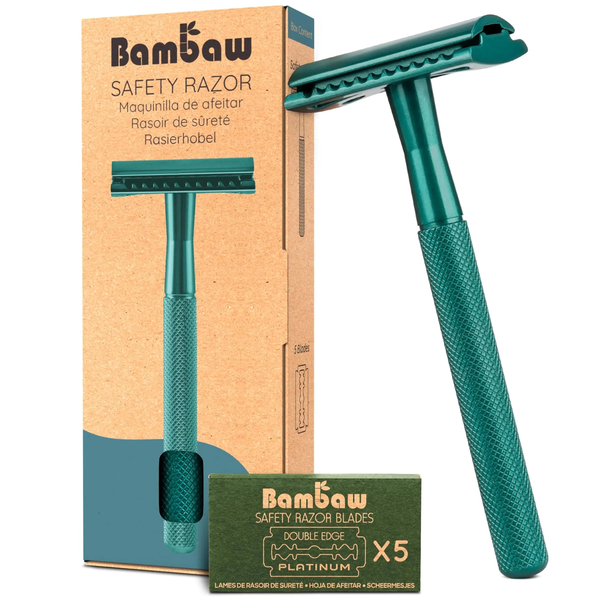 Bambaw Men Safety Razor with 5 Double Edge Safety Razor Blades, Single Blade Razor for Men & Women, Plastic Free Metal Razor – Sea Green 1 Count (Pack of 1) Sea Green Razor Anti Spier