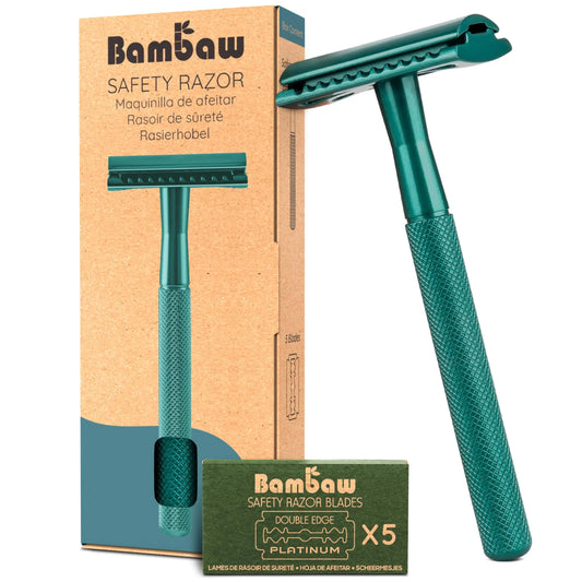 Bambaw Men Safety Razor with 5 Double Edge Safety Razor Blades, Single Blade Razor for Men & Women, Plastic Free Metal Razor – Sea Green 1 Count (Pack of 1) Sea Green Razor Anti Spier