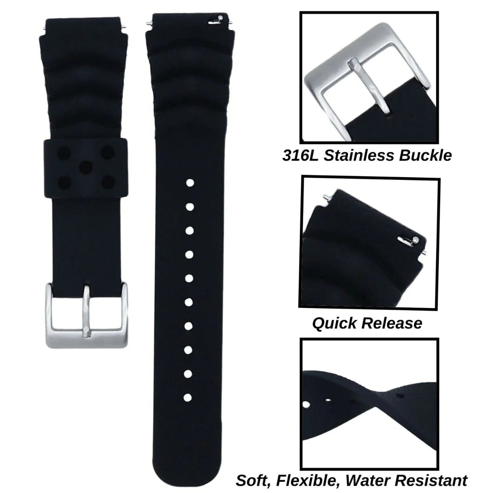 18mm 20mm 22mm Soft Silicone Watch Band Divers Replacement Strap Quick Release - Anti Spier 