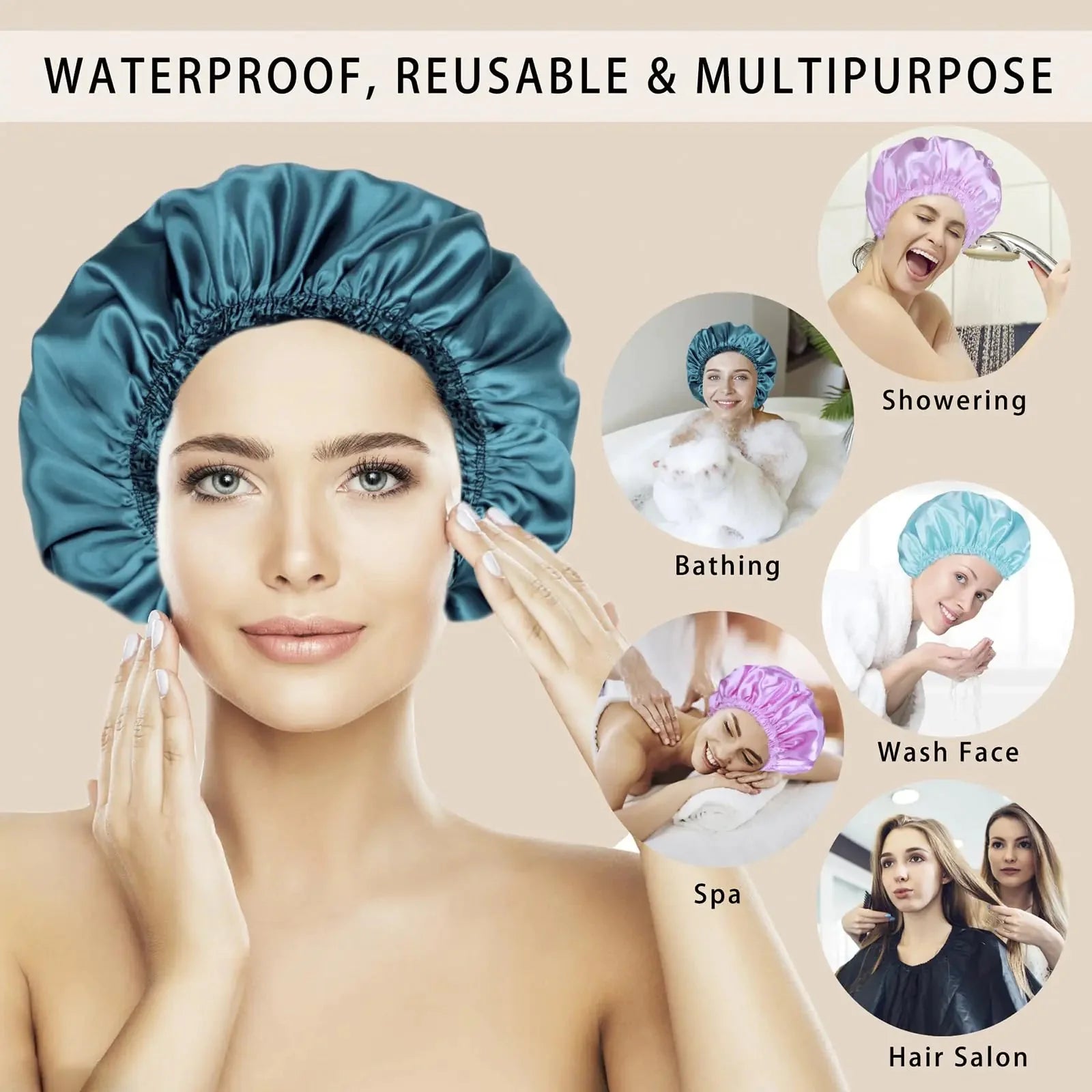 Shower Caps for Women, 4 PCS Elastic and Reusable Bath Caps, Double Waterproof Layers Shower Cap, Bathing Shower Caps, Environmental Protection Hair Bath Hat - Solid Color Solid Color 4 PCS/Set Anti Spier