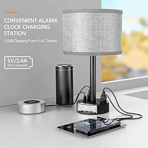 Bedside Table Lamp Alarm Clock Charging - 3 Brightness Level Anti Spier