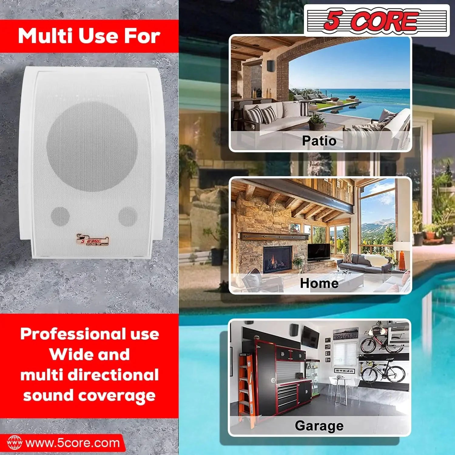 5Core Outdoor Speakers Stereo In Wall 100W Peak Passive Home Audio System Anti Spier