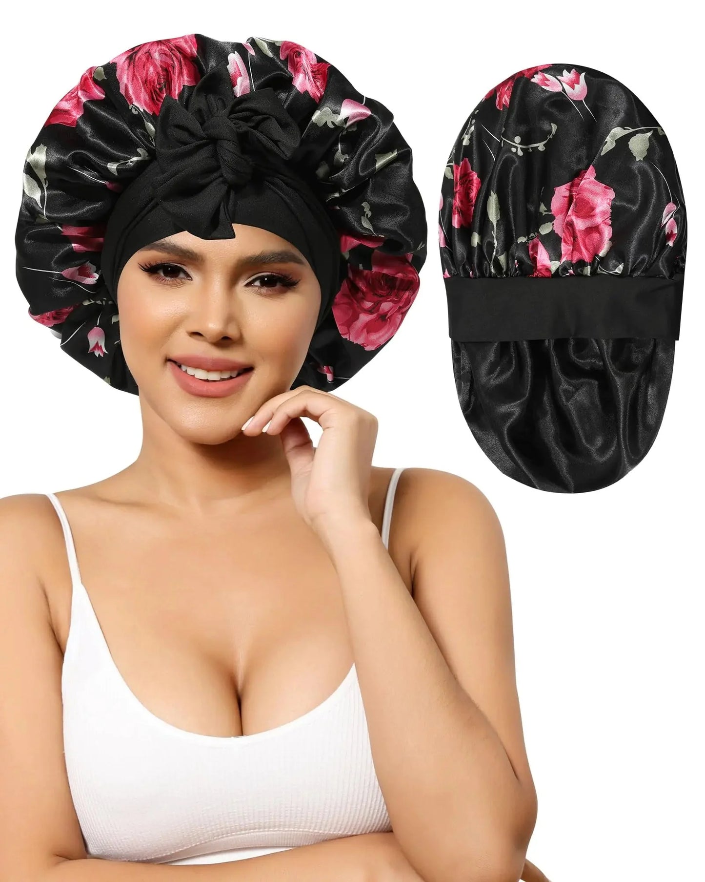 Satin Bonnet for Women Silk Bonnets for Sleeping Curly Hair Bonnet with Tie Band Double Layer Sleep Cap Hair Wrap 7-7 3/8 Black + Red Flower Anti Spier