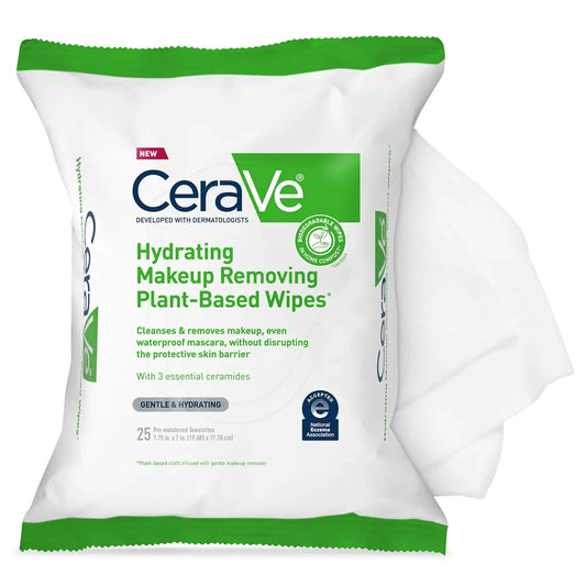 CeraVe Hydrating Facial Cleansing Makeup Remover Wipes| Plant Based Face Biodegradable in Home Compost| Wash Cloth| Suitable for Sensitive Skin| Fragrance-free Non-comedogenic| 25 Count Anti Spier