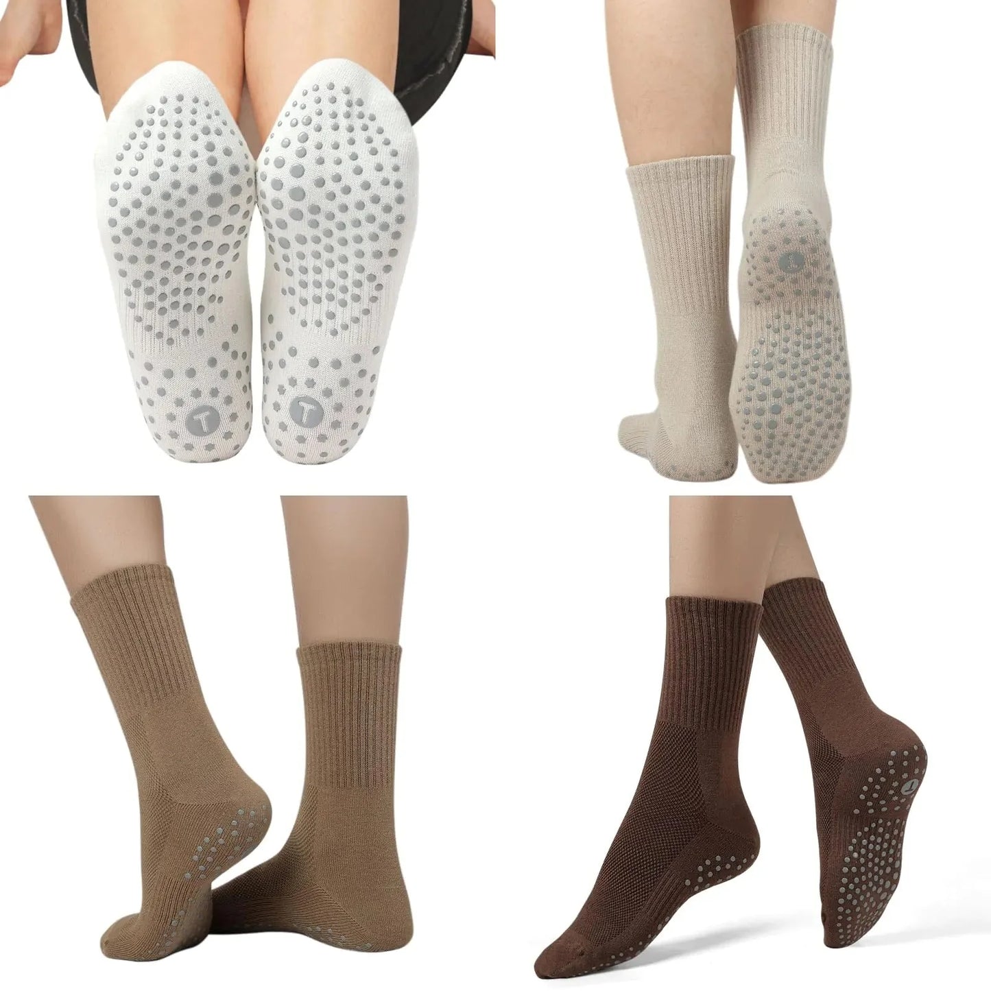 Toes Home Pilates Socks for Women with Non Slip Grippers, Yoga Crew Socks for Barre Hospital Sticky Slipper Socks 4 Pairs 6-10 Tan Anti Spier