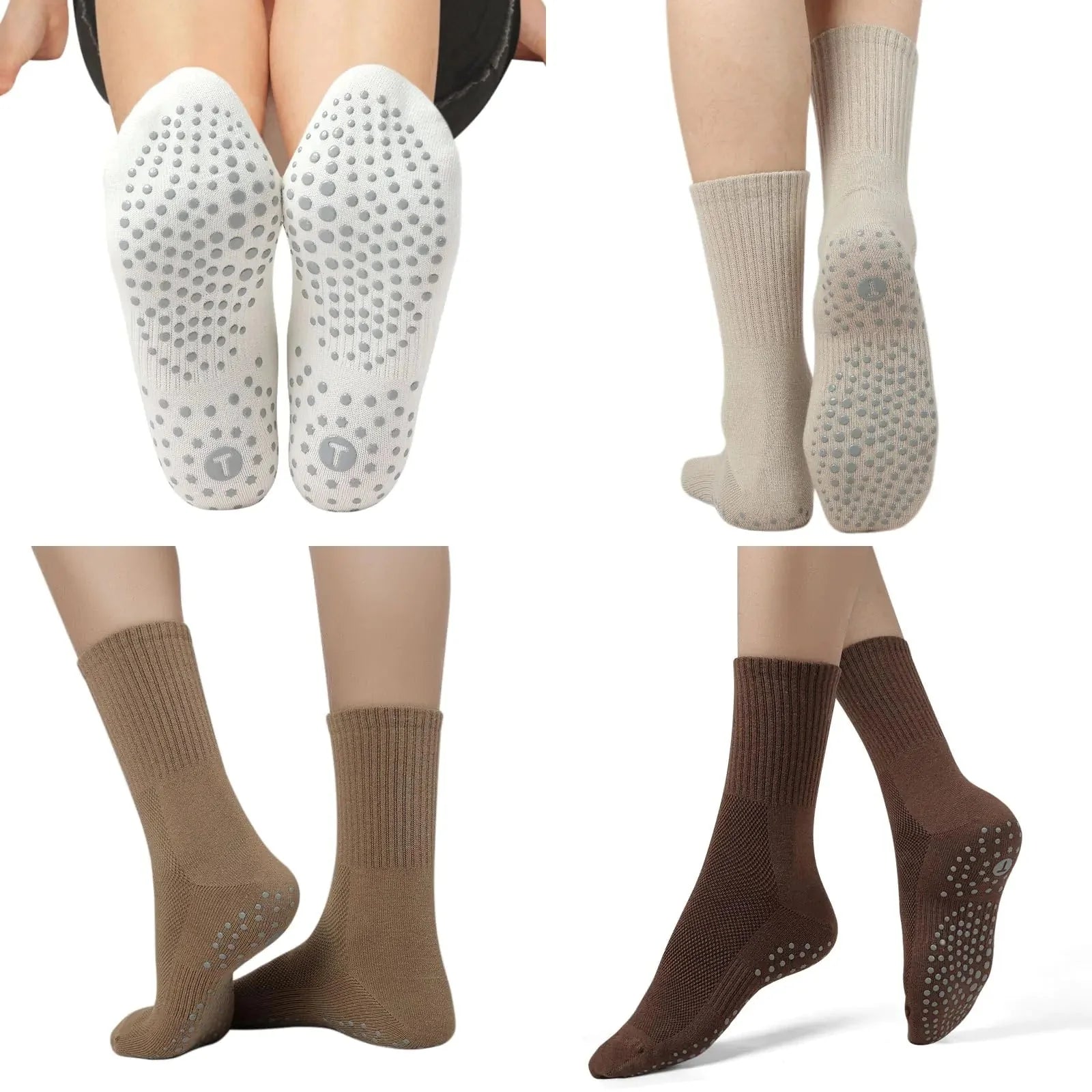 Toes Home Pilates Socks for Women with Non Slip Grippers, Yoga Crew Socks for Barre Hospital Sticky Slipper Socks 4 Pairs 6-10 Tan Anti Spier
