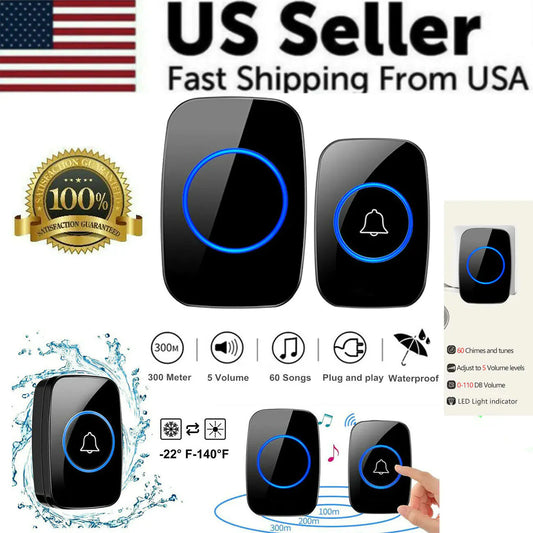 Wireless Doorbell Chime Waterproof Plugin Receiver Adjustable Volume 1000FT Kit Anti Spier
