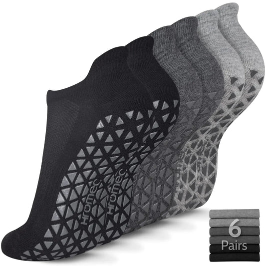 Non Slip Yoga Socks with Grips for Pilates, Ballet, Barre, Barefoot, Hospital Anti Skid Socks for Women and Men Small 6 Pairs-2 Black/2 Dark Gray /2 Gray Anti Spier