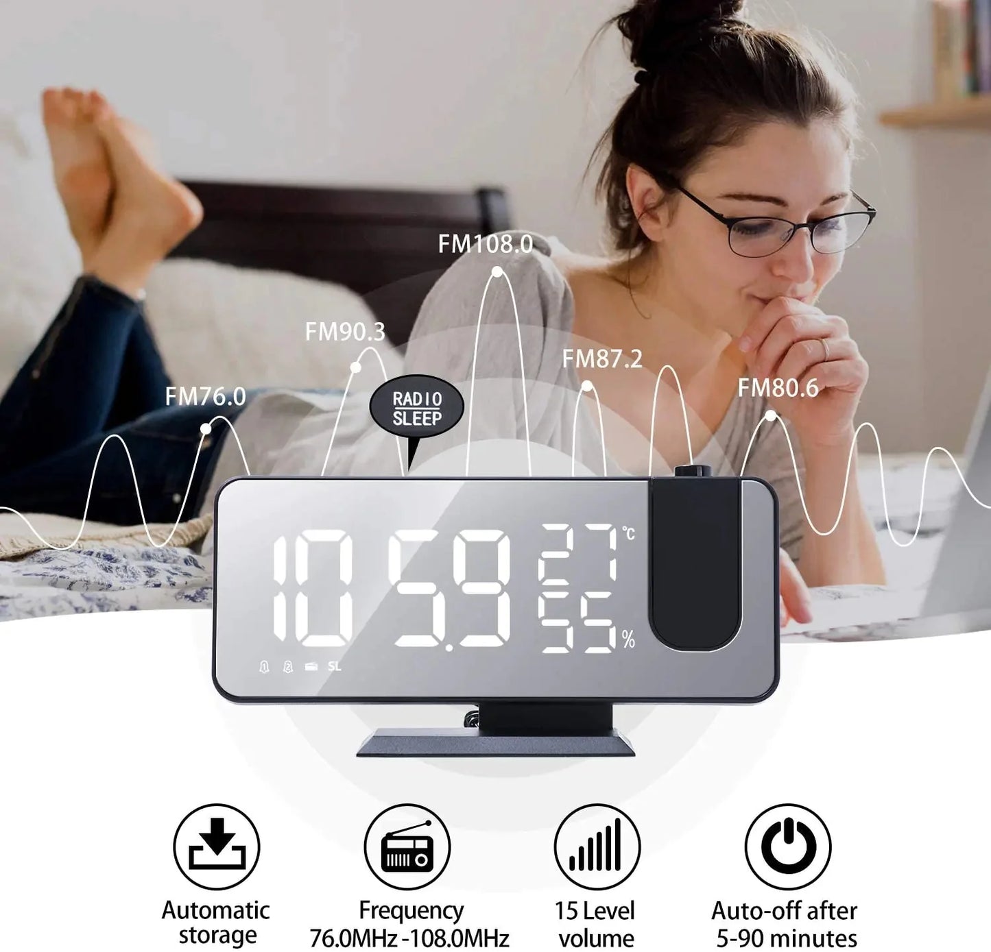 LED Projection Digital Alarm Clock Phone Charger Anti Spier