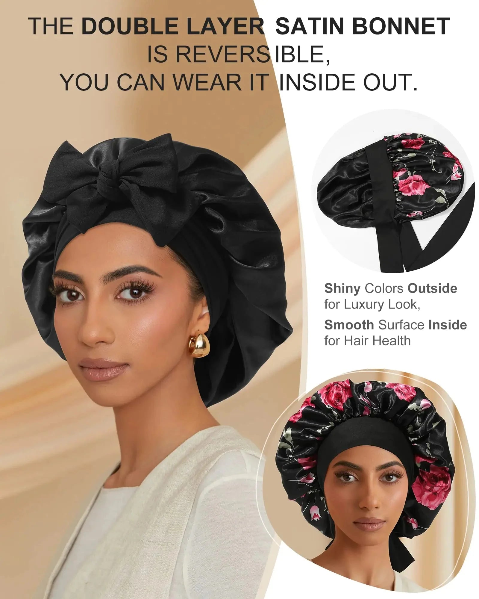 Satin Bonnet for Women Silk Bonnets for Sleeping Curly Hair Bonnet with Tie Band Double Layer Sleep Cap Hair Wrap 7-7 3/8 Black + Red Flower Anti Spier