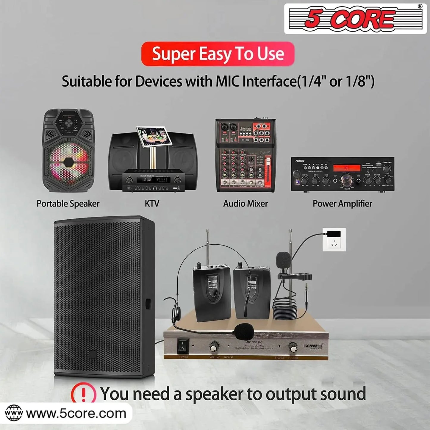 5Core Wireless Microphones w 1 Headset 1 Collar Mic + Receiver Microfono Inalambrico Anti Spier