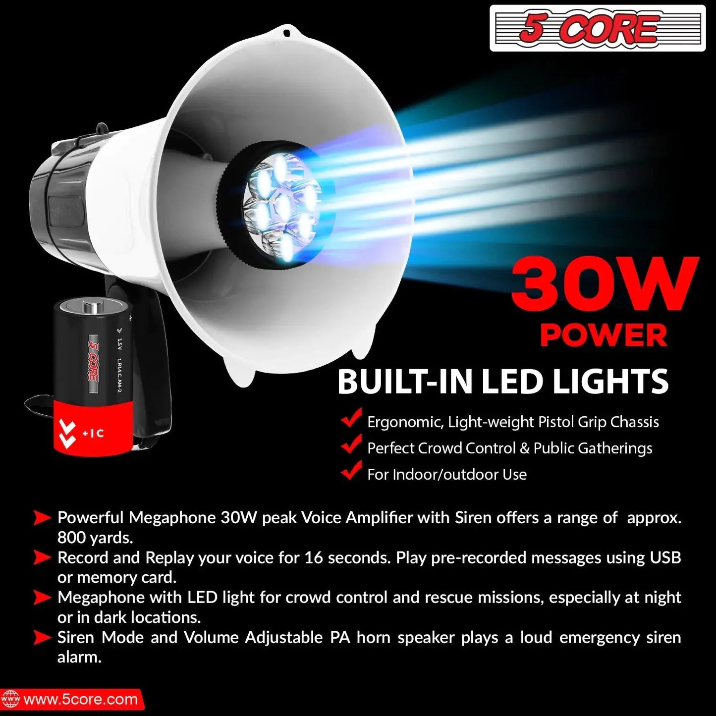 5Core Megaphone Bullhorn Speaker 30W LED Bull Horn Battery Power Cheer Megafono 800 Yard Anti Spier