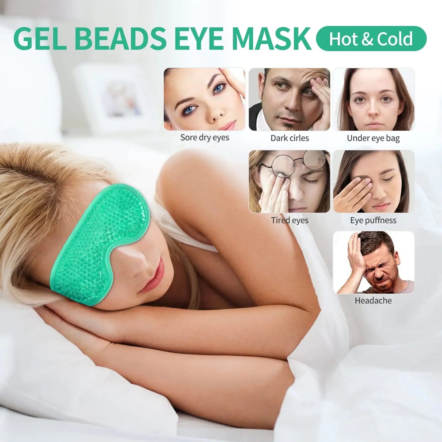 2PCS Gel Eye Mask Reusable Hot Cold Therapy Gel Bead Eye Mask for Puffiness /Dark Circles/Eye Bags /Dry Eyes/Headaches/Migraines/Stress Relief, Cooling Eye Mask Hot/Cold Compress Eye Mask (Green) Green Anti Spier