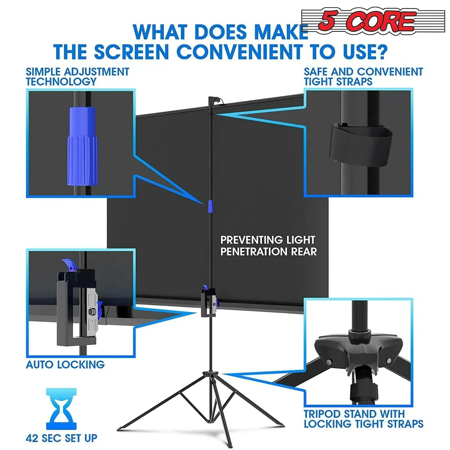 5Core Projector Screen with Tripod Stand  72" 4:3 Ultra HD Anti-Crease Indoor Outdoor Projection Anti Spier