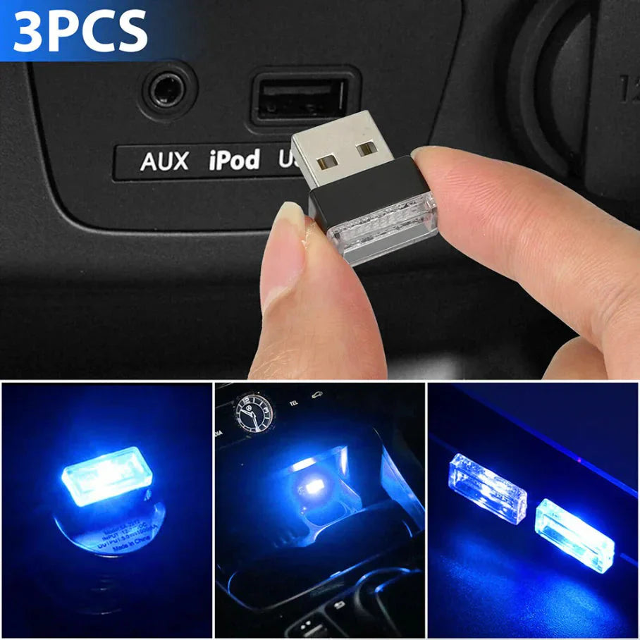 3x Mini Blue LED USB Car Interior Light Neon Atmosphere Ambient Lamp Accessories Anti Spier