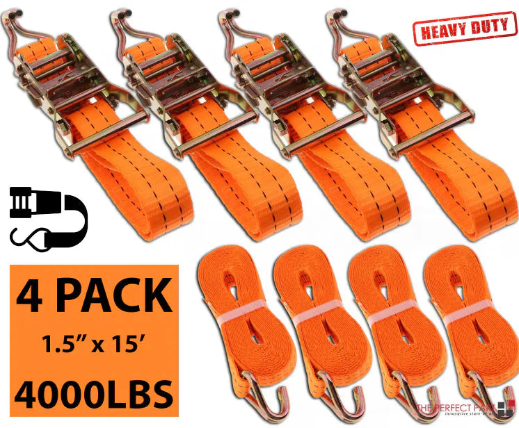 4 PK Ratchet Tie Down Straps 1.5" x 15 Feet 4,000 LB Safety J Hook Heavy Duty US Anti Spier