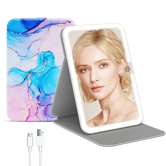 Rechargeable Travel Lighted Makeup Mirror with PU Leather Cover, Portable Travel Makeup Mirror with lights, 3 Color Lighting,Touch Sensor Dimmable, Light Up Tabletop Folding Cosmetic Mirror Colorful Colorful With Pu Cover Anti Spier