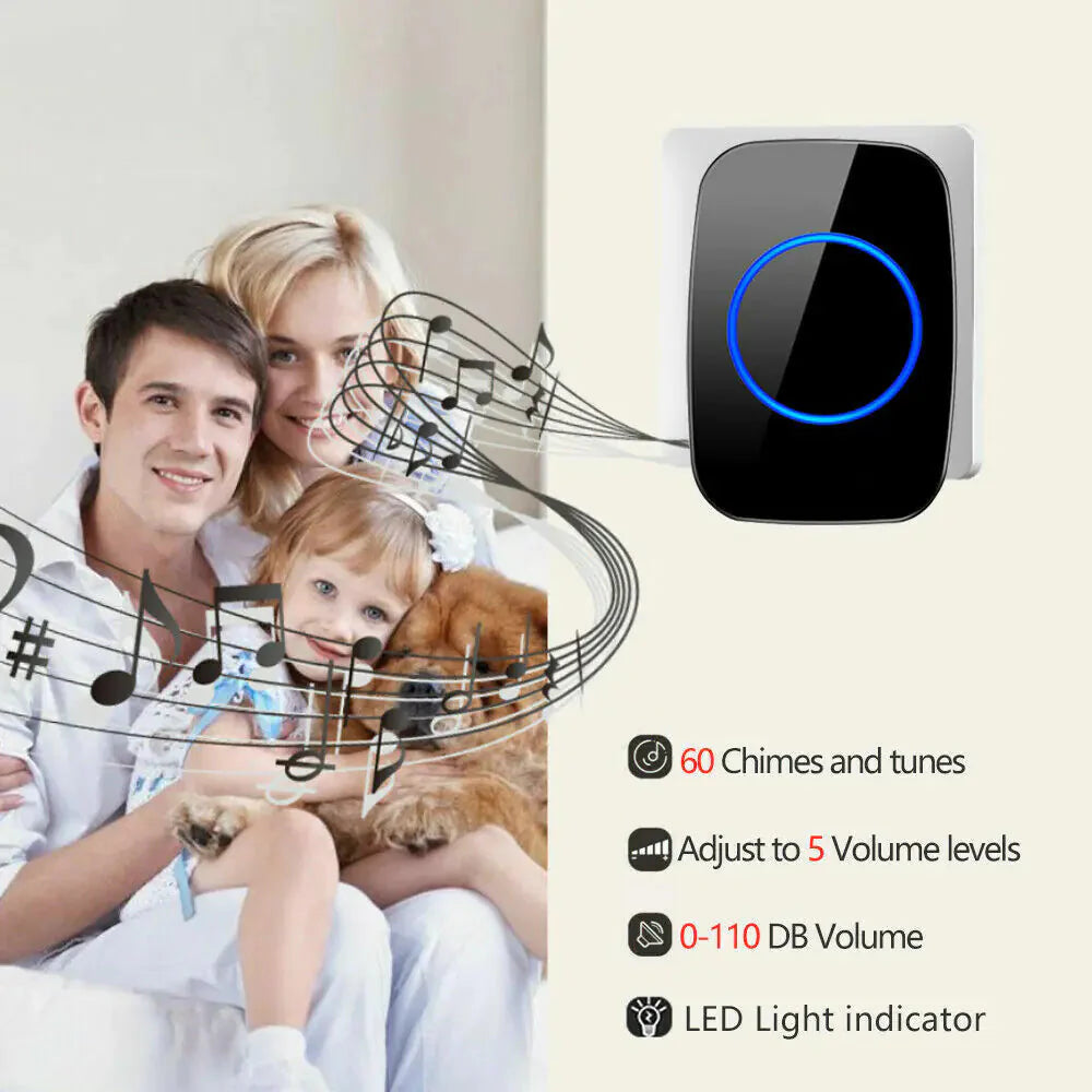 Wireless Doorbell Chime Waterproof Plugin Receiver Adjustable Volume 1000FT Kit Anti Spier