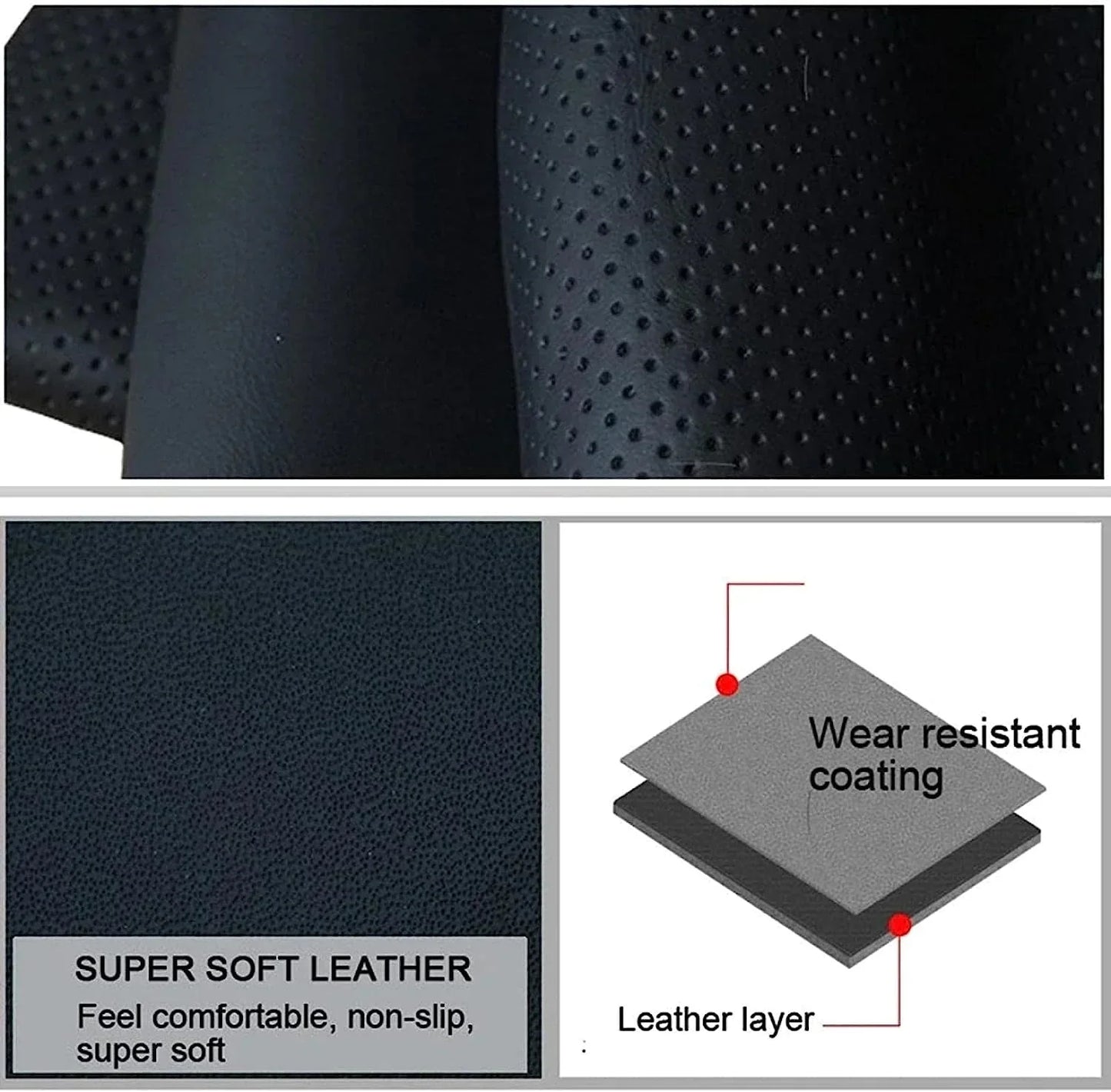 Genuine Leather DIY Car Steering Wheel Cover Anti-slip For 15"/38 cm Black US Anti Spier