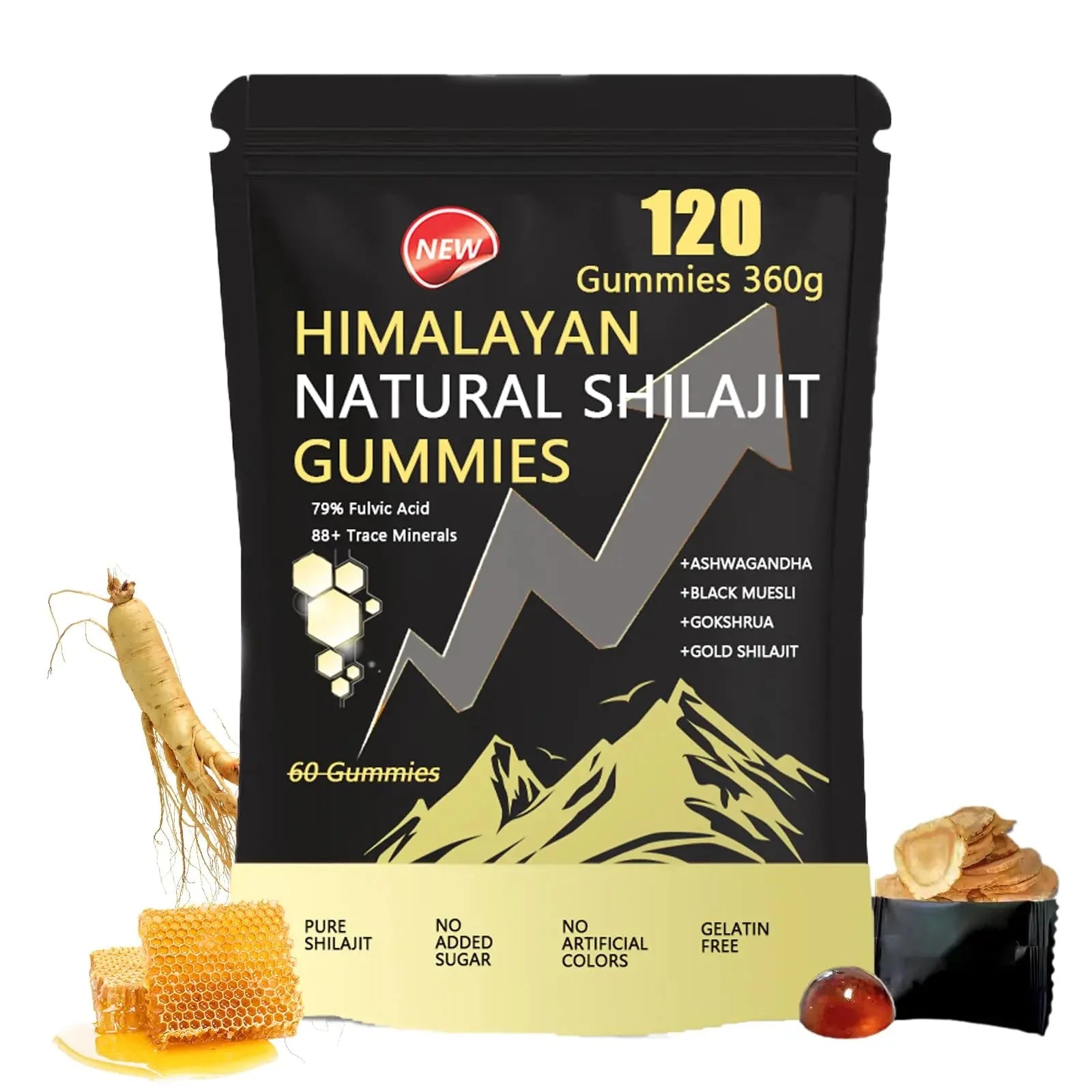 Shilajit Gummies 120 Gummies - Pure Himalayan Shilajit Gummies for Men Ashwagandha KSM-66 Gokshura Organic Honey & Ginseng | 79%+ Fulvic Acid & 88+ Trace Minerals Non-GMO & Sugar Free Anti Spier