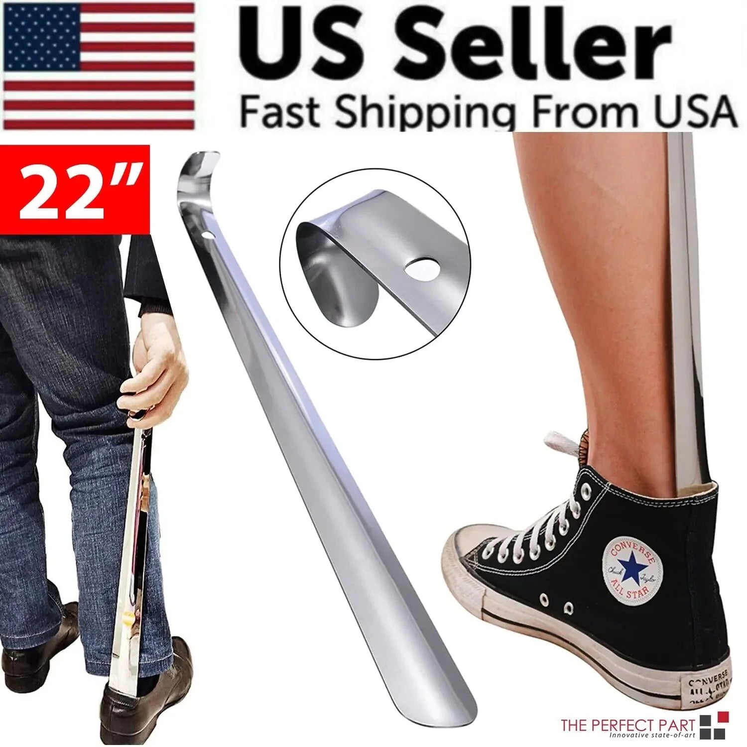 22in Extra Long Handle Shoe Horn Stainless Steel Metal Shoes Remover Shoehorn US Anti Spier