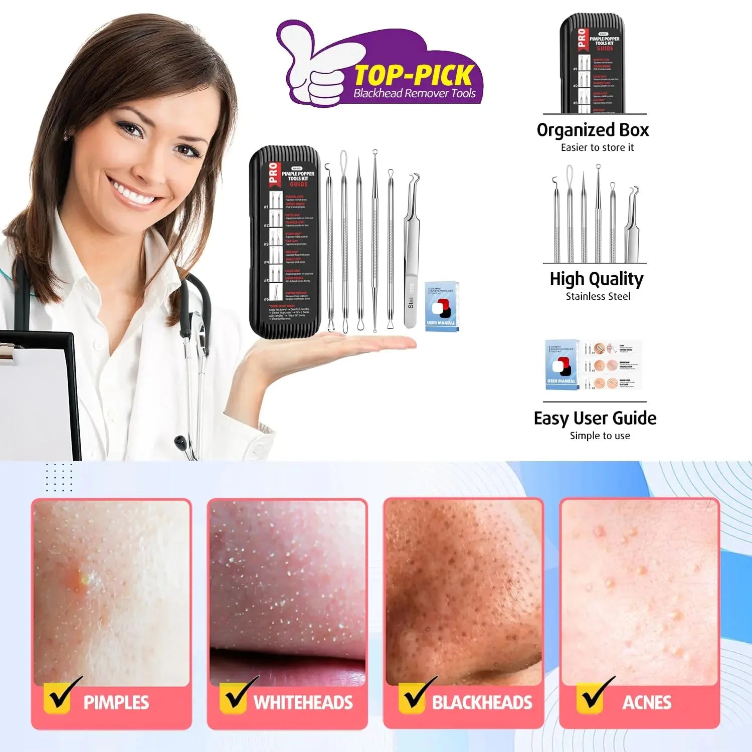 Cbiumpro Blackhead Remover Tools, Pimple Popper Tool Kit, Blackhead Extractor Tool, Zit Popper Tool, Professional Pimple Extractor Tool for Blackhead, Acne, Whitehead, Comedone on Nose - with Case Pimple Popper Tools 6 Pack - Cool Black Anti Spier