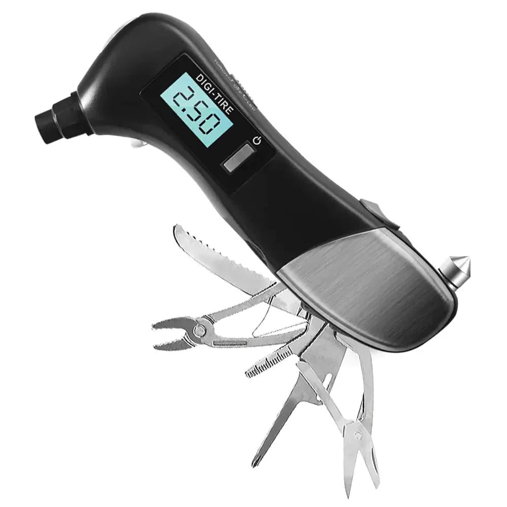 9 in 1 Digital Tire Pressure Alarm Gauge Multifunctional Tyre Pressure Sensor Tpms Systems w LED Flashlight Car Hammer Anti Spier