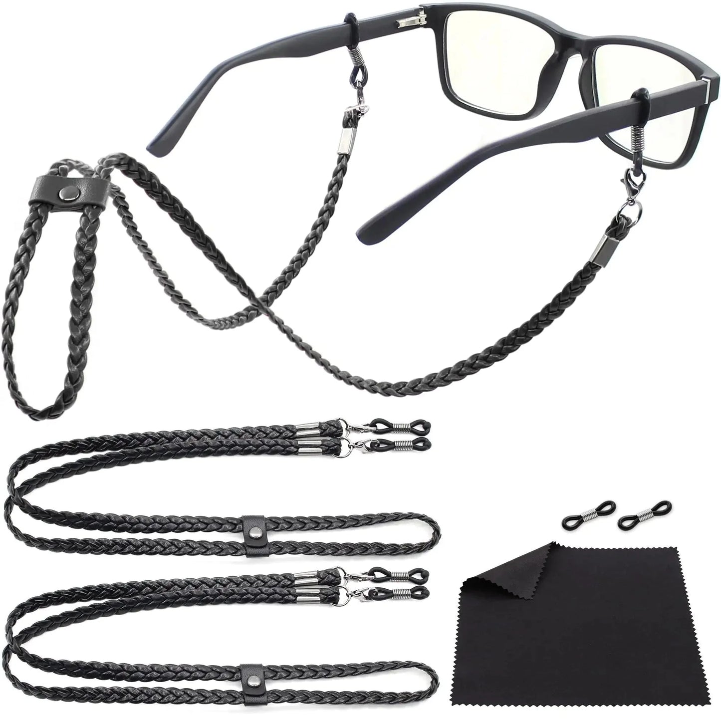 Eye Glass String Strap Holder Premium ECO Leather 2 Cords Black 30 inch Length Anti Spier