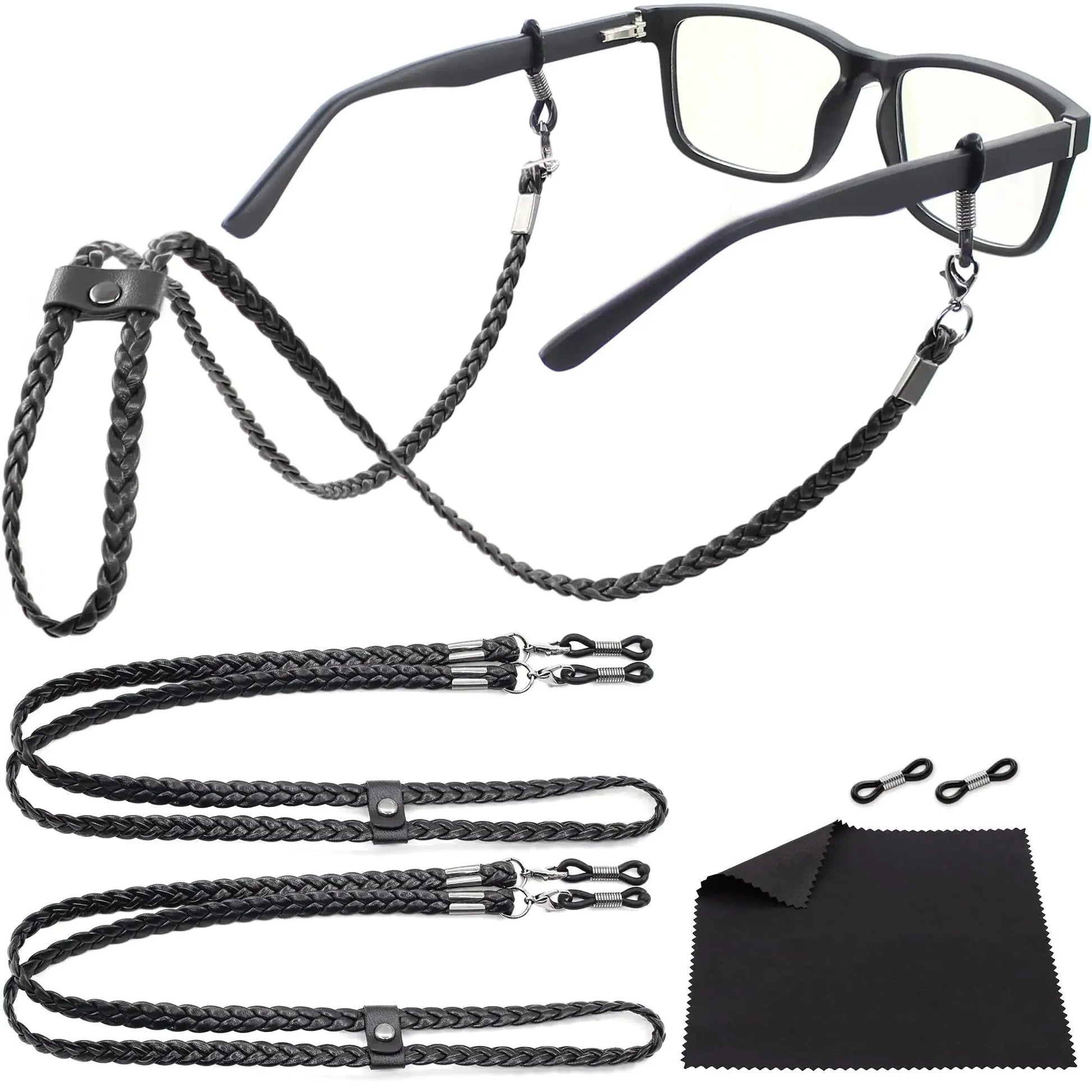 Eye Glass String Strap Holder Premium ECO Leather 2 Cords Black 30 inch Length Anti Spier