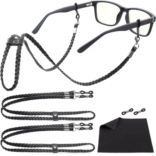 Eye Glass String Strap Holder Premium ECO Leather 2 Cords Black 30 inch Length Anti Spier
