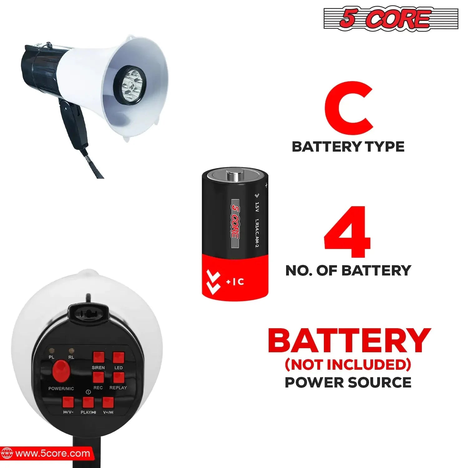 5Core Megaphone Bullhorn Speaker 30W LED Bull Horn Battery Power Cheer Megafono 800 Yard Anti Spier