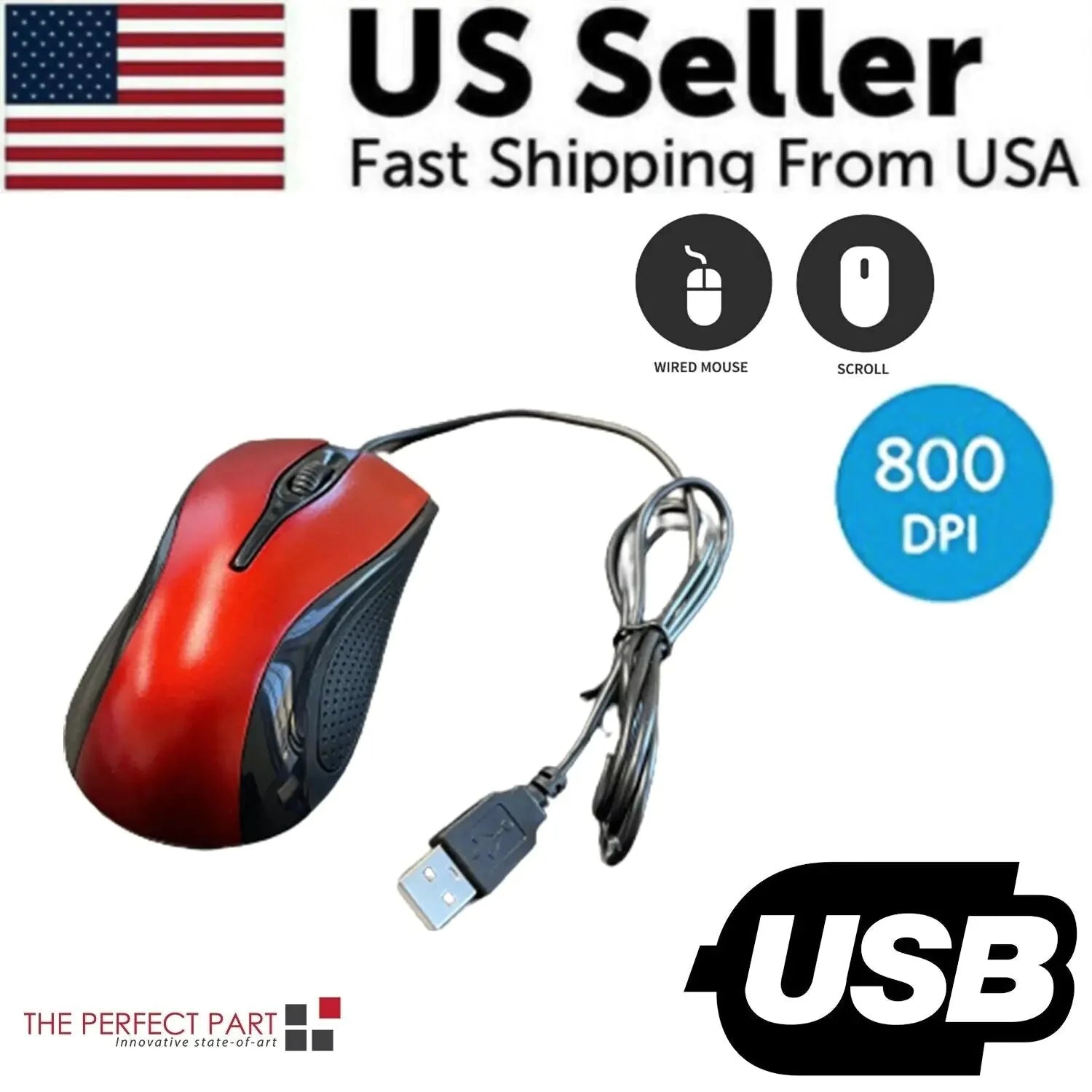 USB 2.0 Optical Wired Scroll Wheel Mouse For PC Laptop Notebook Desktop Red Mice Anti Spier