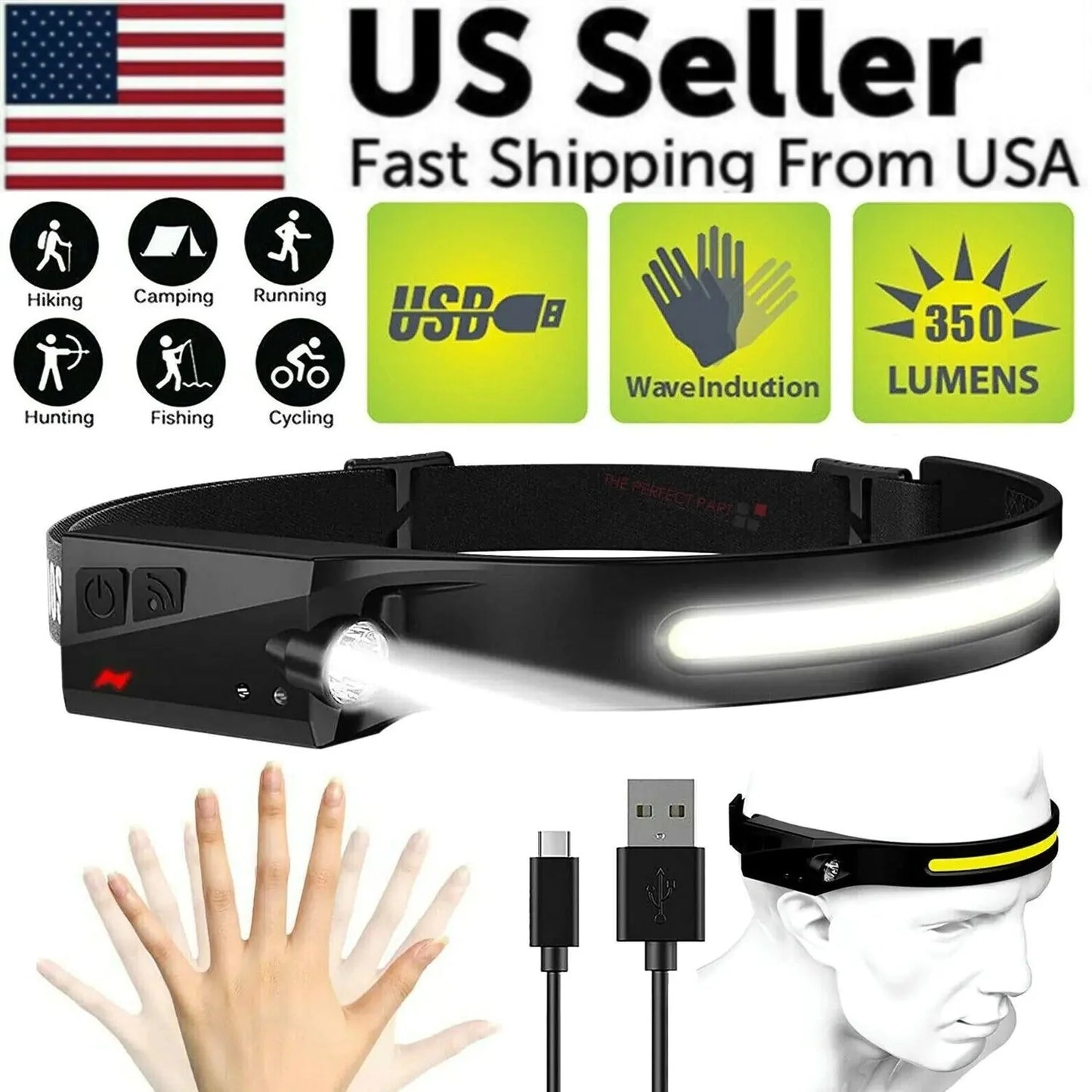COB LED Headlamp USB Rechargeable Headlight Torch Work Light Bar Head Band Lamp Anti Spier