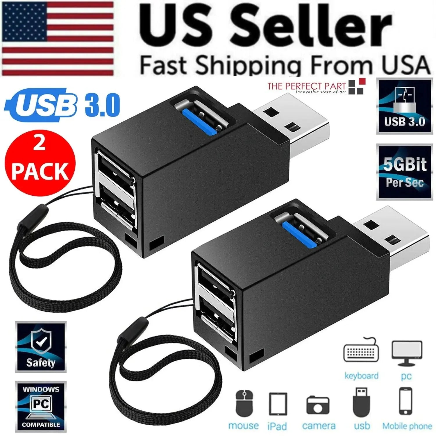 2 Pcs 3 Port USB 3.0 Hub Portable High Speed Splitter Box For PC Notebook Laptop Anti Spier