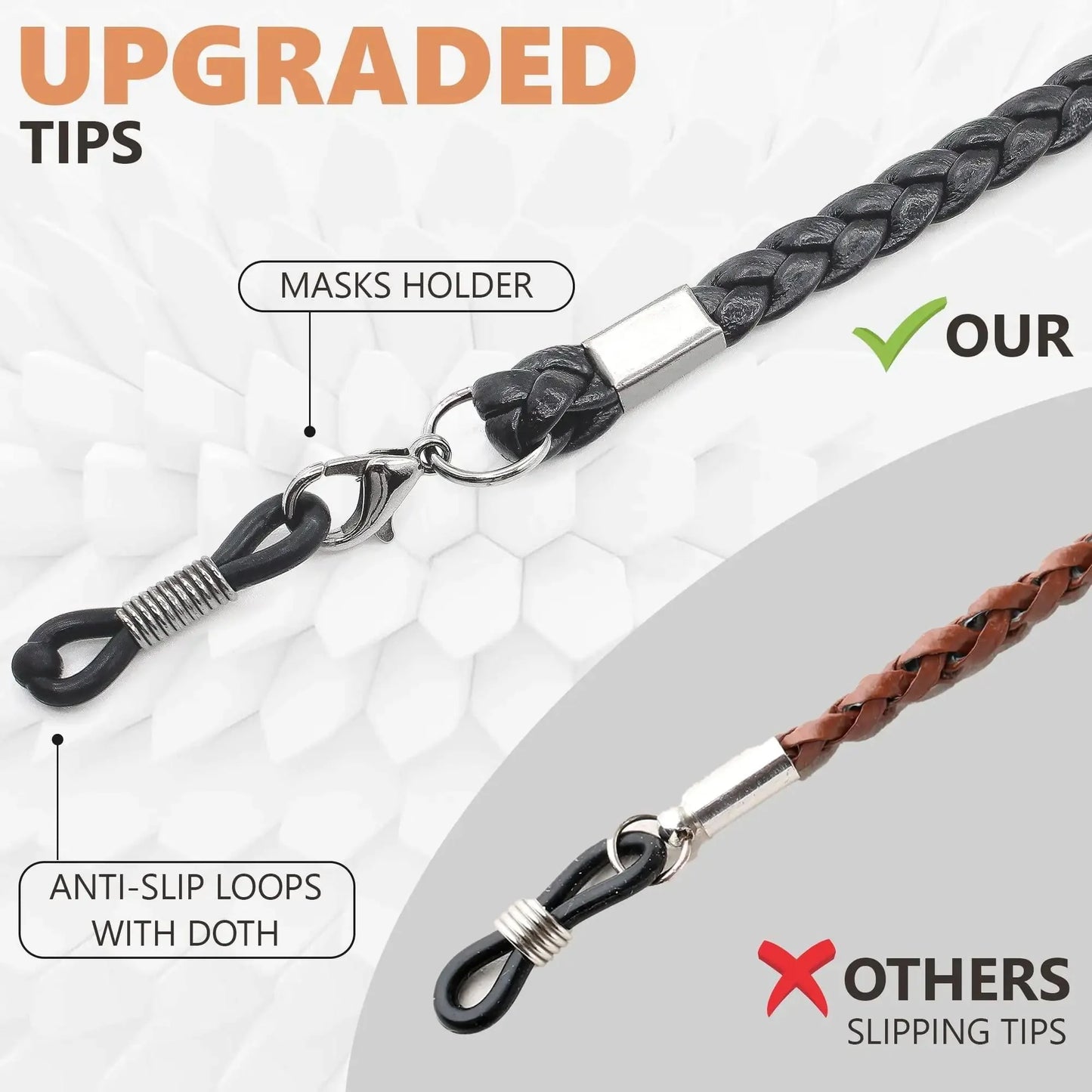 Eye Glass String Strap Holder Premium ECO Leather 2 Cords Black 30 inch Length Anti Spier