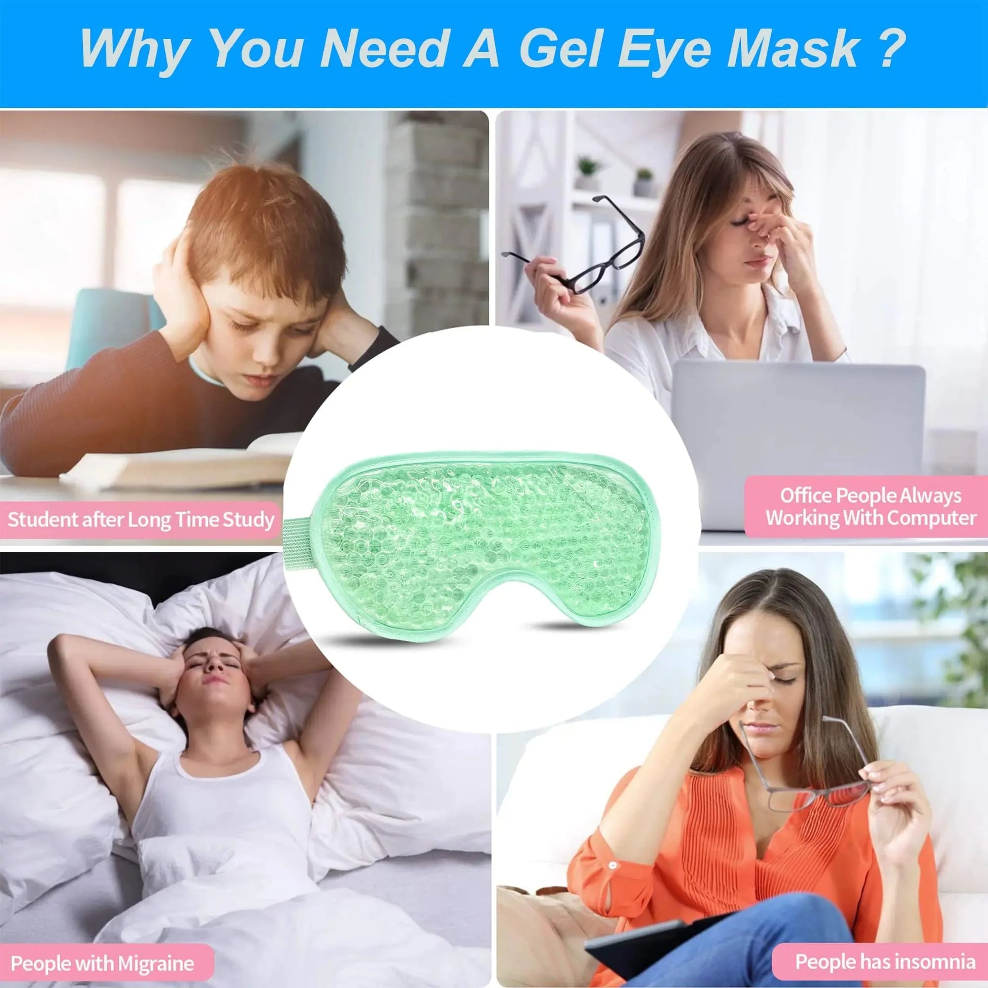 2PCS Gel Eye Mask Reusable Hot Cold Therapy Gel Bead Eye Mask for Puffiness /Dark Circles/Eye Bags /Dry Eyes/Headaches/Migraines/Stress Relief, Cooling Eye Mask Hot/Cold Compress Eye Mask (Green) Green Anti Spier