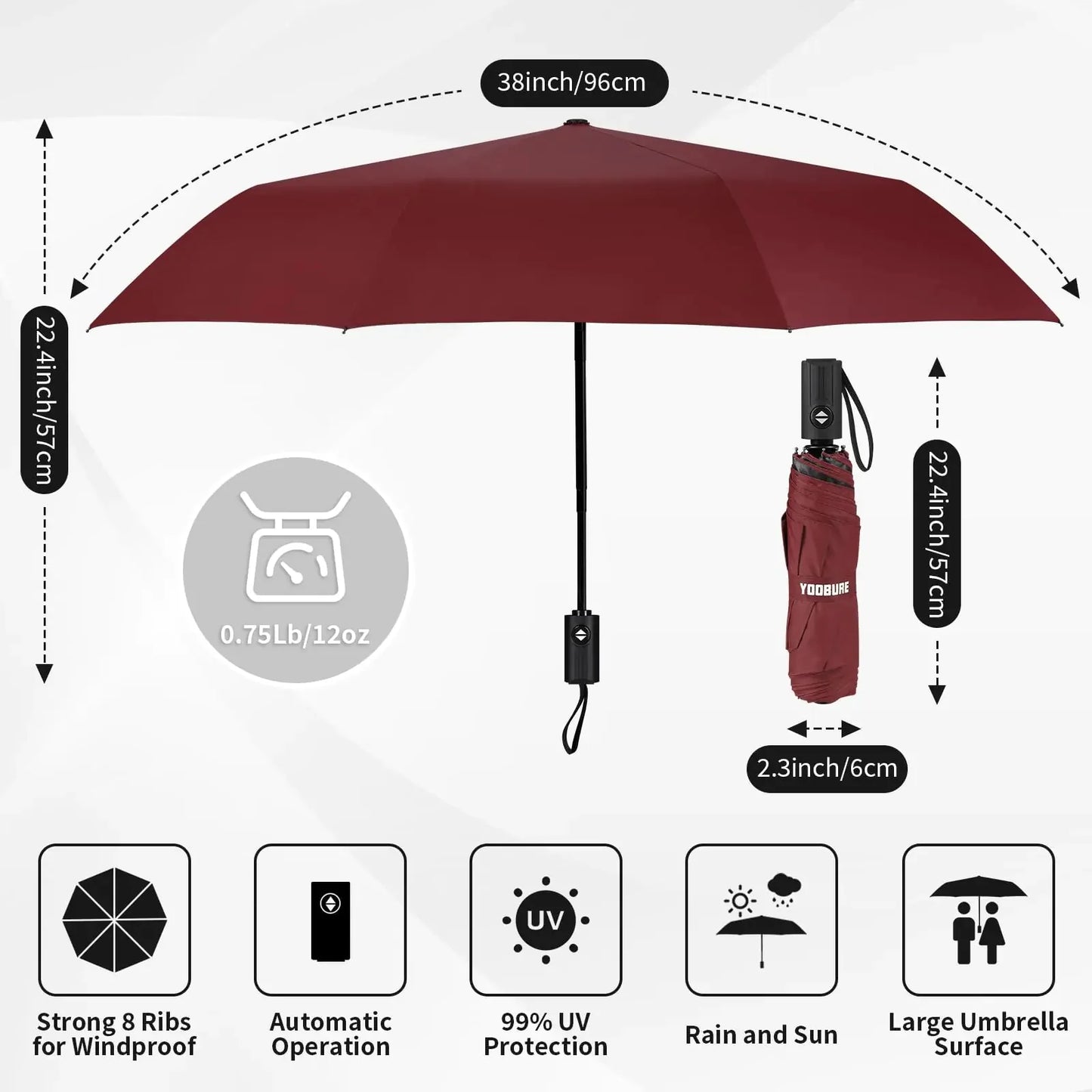 Yoobure Windproof Travel Umbrella, Automatic Umbrellas for Rain, Portable & Compact Umbrella for Backpack, Sun Umbrella for Walking, Folding Small Umbrella for Car, Lightweight Strong UV Protection Auto-Burgundy Red Anti Spier