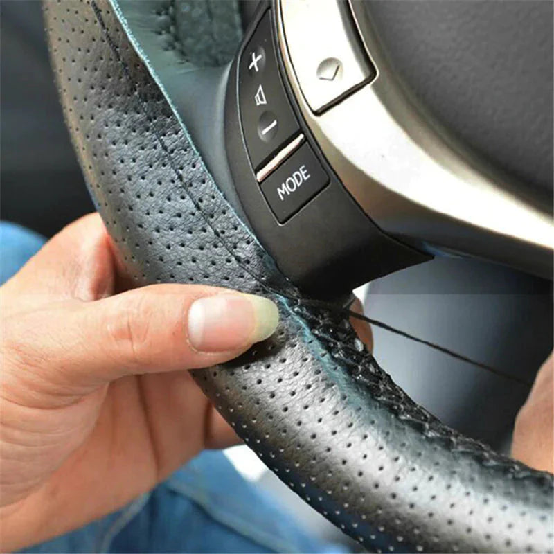 Genuine Leather DIY Car Steering Wheel Cover Anti-slip For 15"/38 cm Black US Anti Spier