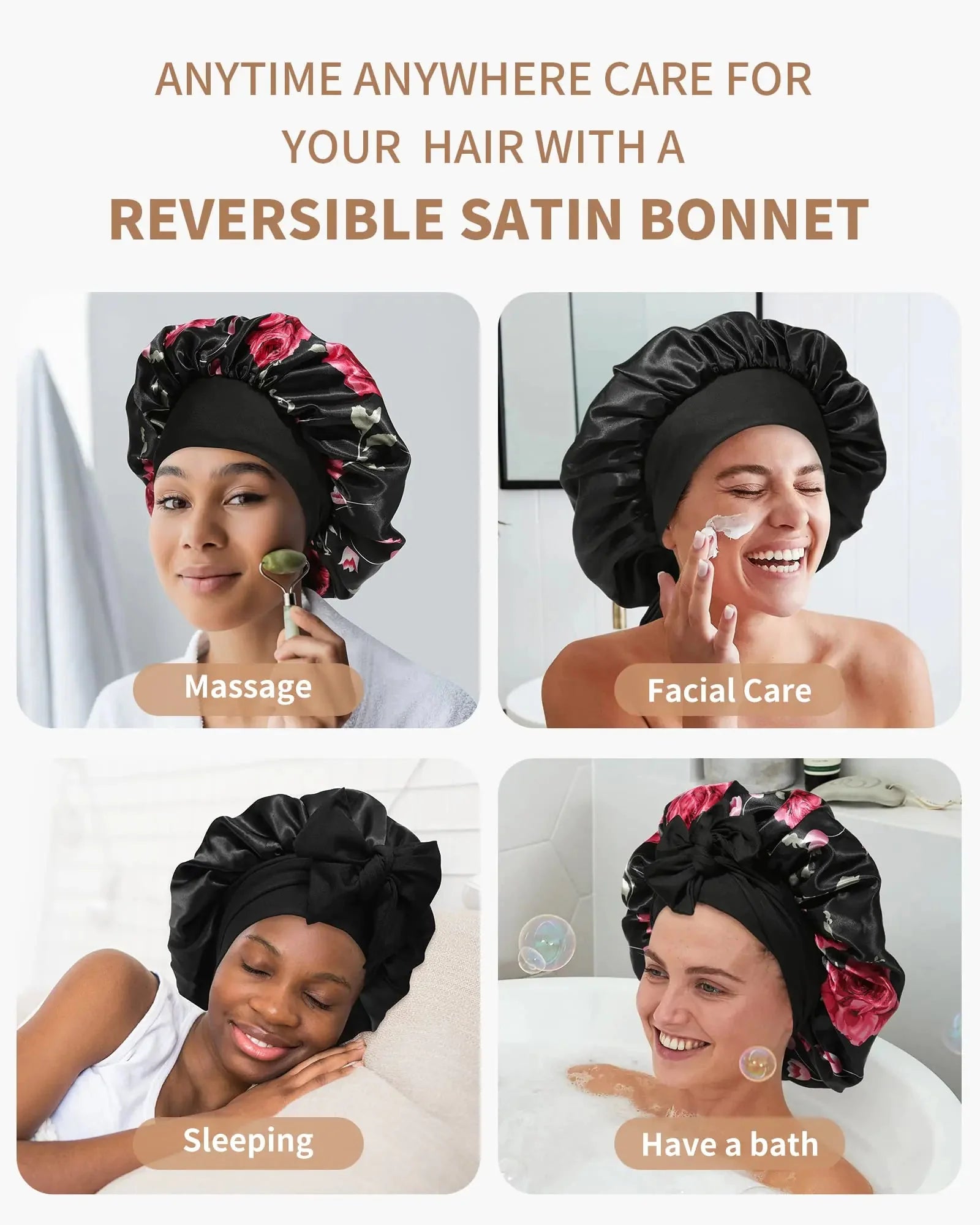 Satin Bonnet for Women Silk Bonnets for Sleeping Curly Hair Bonnet with Tie Band Double Layer Sleep Cap Hair Wrap 7-7 3/8 Black + Red Flower Anti Spier