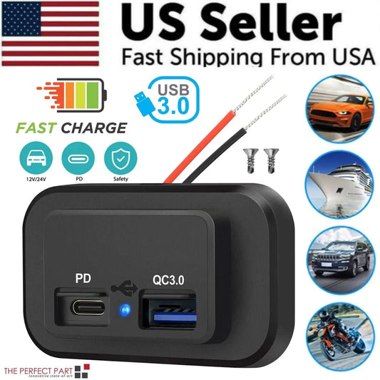 12-24V 4.8A Dual USB PD QC3.0 Car Boat RV Fast Charger Socket LED Power Outlet Anti Spier