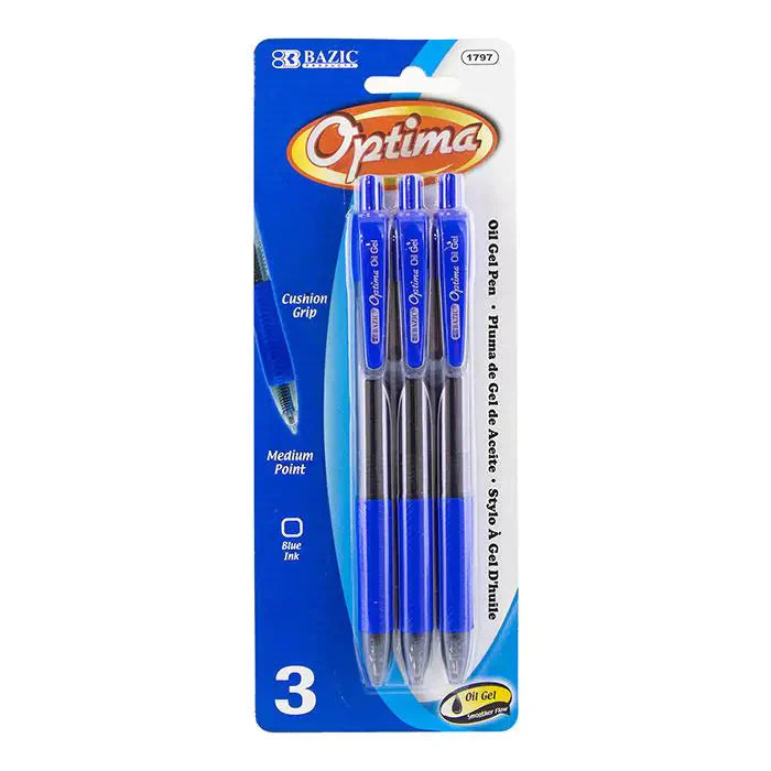 Optima Blue Oil-Gel Ink Retractable Pen w/ Grip (3/Pack) Anti Spier