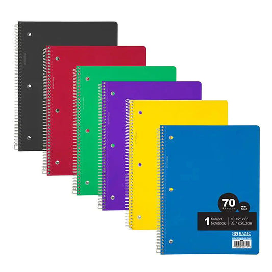 W/R 70 Ct. 1-Subject Spiral Notebook - Wide Ruled - Random Color Anti Spier