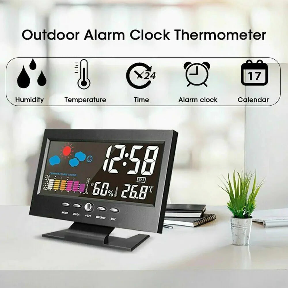 LED Digital Alarm Clock Snooze Calendar Thermometer Hygrometer Weather Display Anti Spier