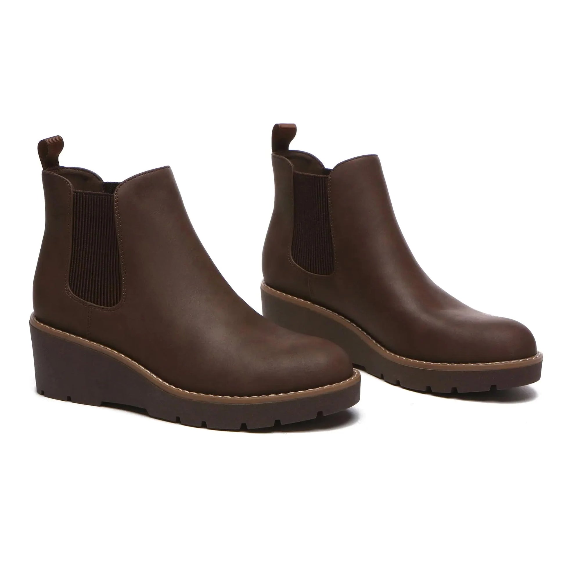 Athlefit Women's Chelsea Wedge Boots Elastic Platform Lug Sole Slip on Wedge Ankle Booties 6.5 Brown Anti Spier