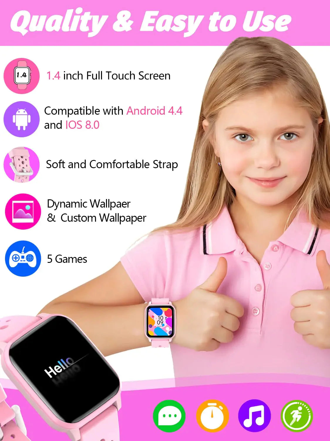 Kids Smart Watch Girls Boys, Smart Watch for Kids Game Smart Watch Gifts for 4-16 Years Old with Sleep Mode 20 Sports Modes 5 Games Pedometer Birthday Gift for Boys Girls (Pink) Pink Anti Spier