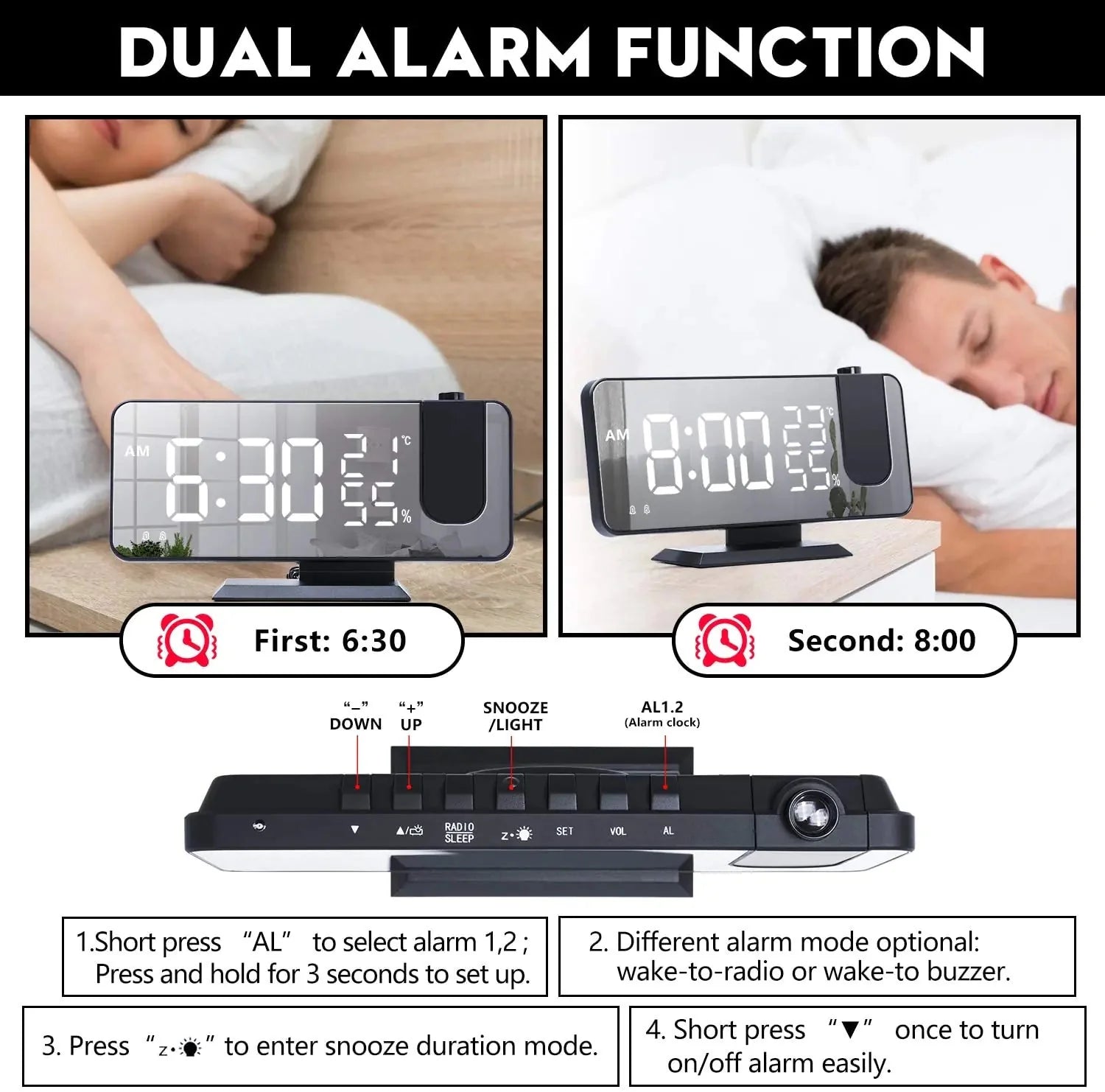 LED Projection Digital Alarm Clock Phone Charger Anti Spier